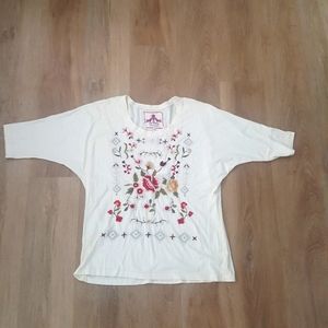 NWT Johnny Was Cream Embroidered 3/4 Sleeve Tee M